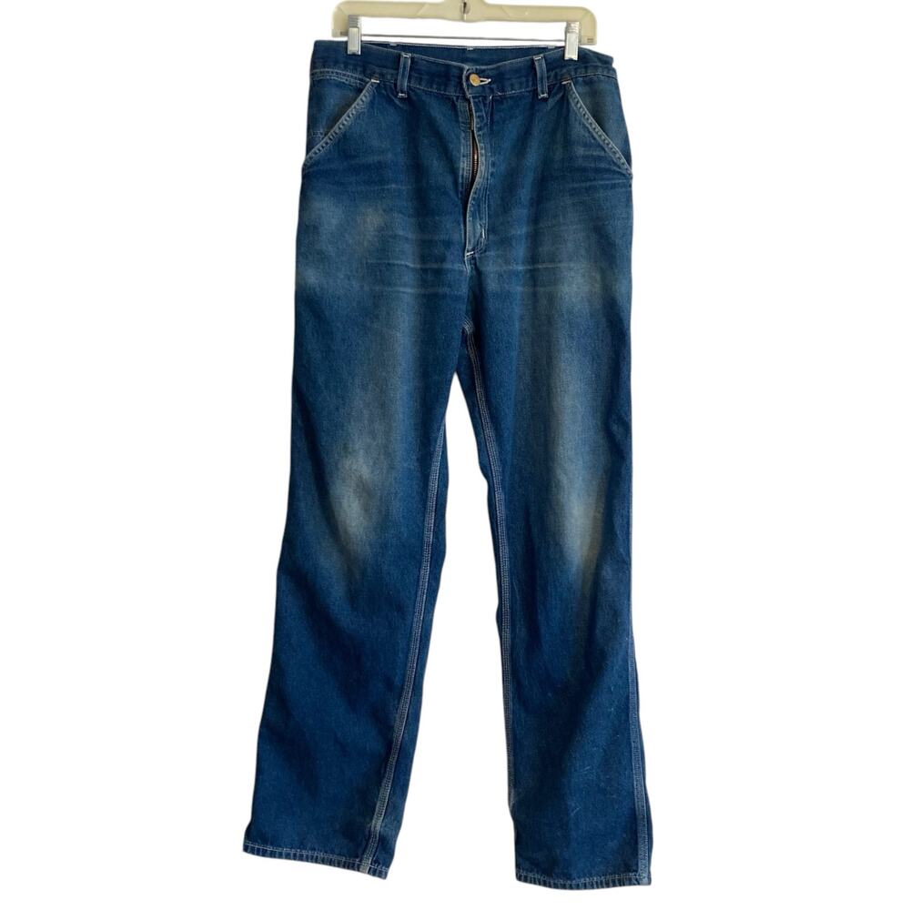 Vintage 90s Y2K Carhartt Distressed Feathered Faded Denim Blue Jeans Size 34x34 - Picture 3 of 14